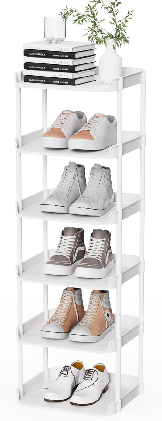 6 Tier Narrow Shoe Storage Rack, Compact Single Shoerack Stand for Slim Space, Stackable Tall Thin Show Tower, Solid Plastic Shelves, for Hallways, Kitchens, Bedrooms Tidy Organizer, White