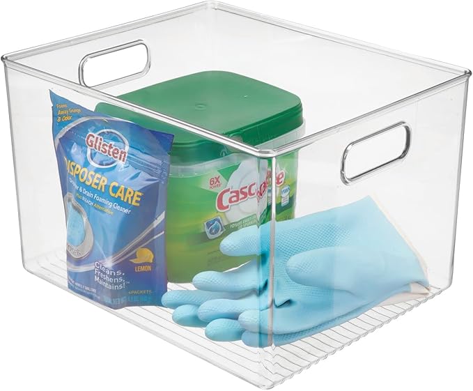 mDesign Plastic Storage Organizer Container Bin for Kitchen Organization in Pantry, Cabinet, Countertop Fridge, Refrigerator, and Freezer - Hold Food, Drink, or Snacks, Ligne Collection, 4 Pack, Clear