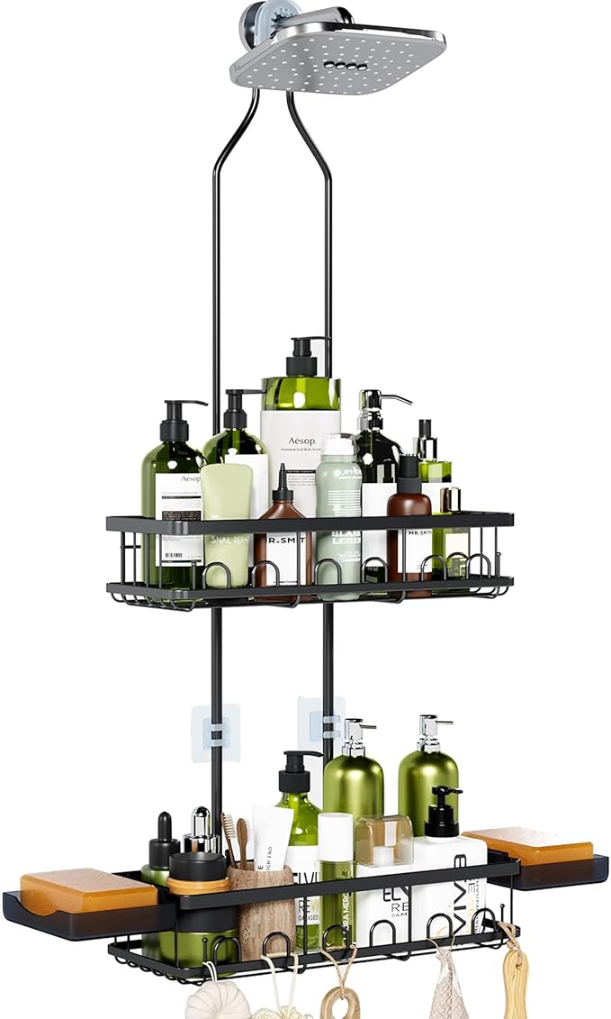Skyapex Shower Caddy Hanging Over Shower Head, Adjustable Black Bathroom Organizer for Inside Shower, Rust-Resistant Stainless Steel Caddy with 2 Baskets, Hooks & Soap Dish for Tall Bottles