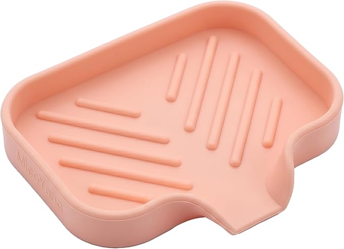 MicoYang Silicone Soap Dish with Drain Spout — Self-Draining Sink Organizer Tray for Bathroom & Kitchen, Holds Bar Soap, Sponges & Dispensers, Non-Slip & Dishwasher Safe, Pink (Small, 4.9"×3.2")