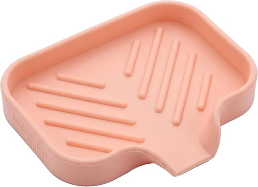 MicoYang Silicone Soap Dish with Drain Spout — Self-Draining Sink Organizer Tray for Bathroom & Kitchen, Holds Bar Soap, Sponges & Dispensers, Non-Slip & Dishwasher Safe, Pink (Small, 4.9"×3.2")
