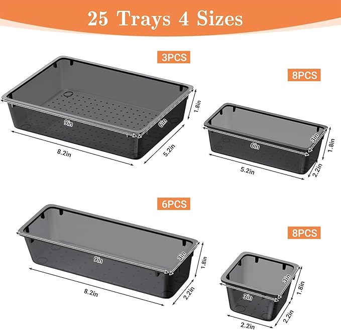 25 PCS Plastic Drawer Organizer Set, Clear Black