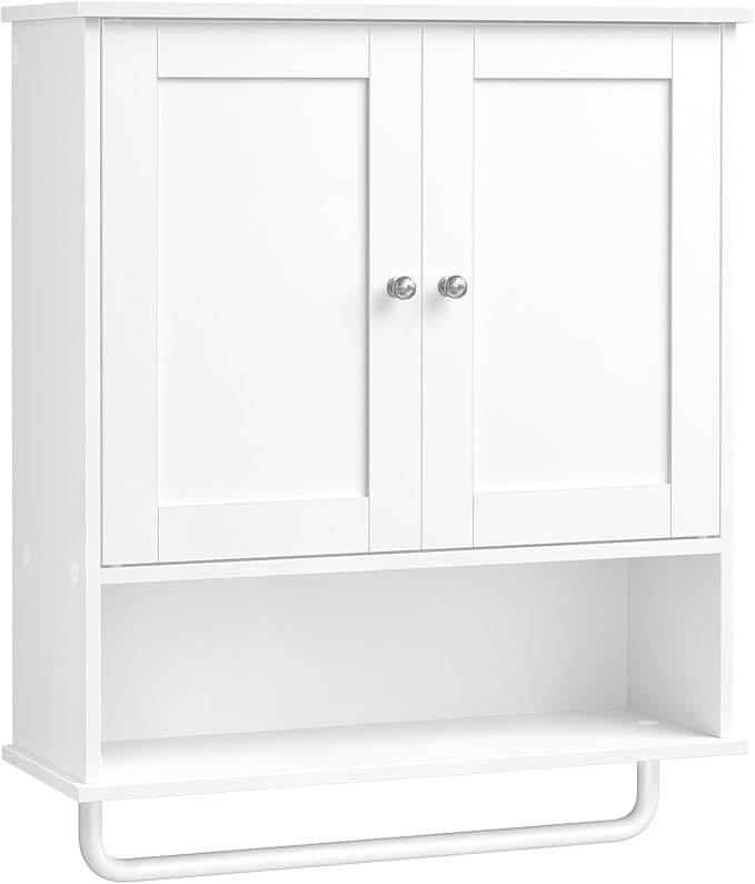 VASAGLE Siren Collection - Hanging Bathroom Cabinet with Towel Rod, Farmhouse Wall Storage Cabinet, with Adjustable Shelf, and Doors, 7.9 x 20 x 23.6 Inches, Cloud White UBBK149WB01S