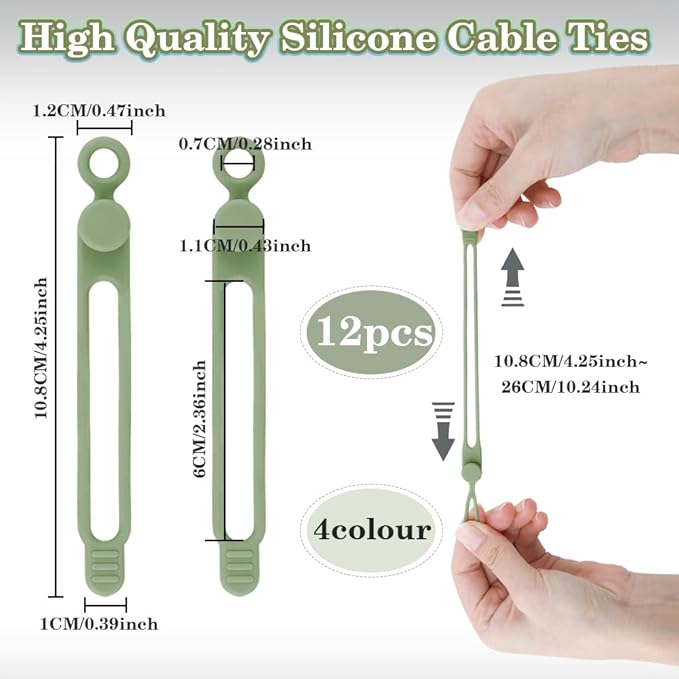 12Pcs Silicone Cable Ties, Reusable Cable Organizer, Multicolor Straps for Charging Cords