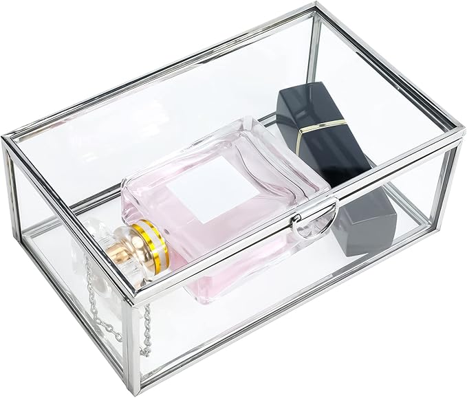 HighFree Vintage Glass Box with Lid - Clear Jewelry Glass Display Box Keepsake Box - Home Decor Decorative Box for Trinket Rings Bracelet (Silver, X-Small)