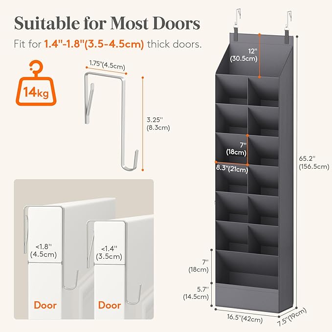 8 Tier Over the Door Shoe Organizer with 15 Large Deep Pockets, Gray
