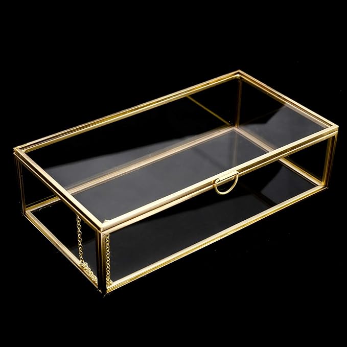 HighFree Vintage Glass Box with Lid - Clear Jewelry Glass Display Box Keepsake Box - Home Decor Decorative Box for Trinket Rings Bracelet (Gold, Medium)