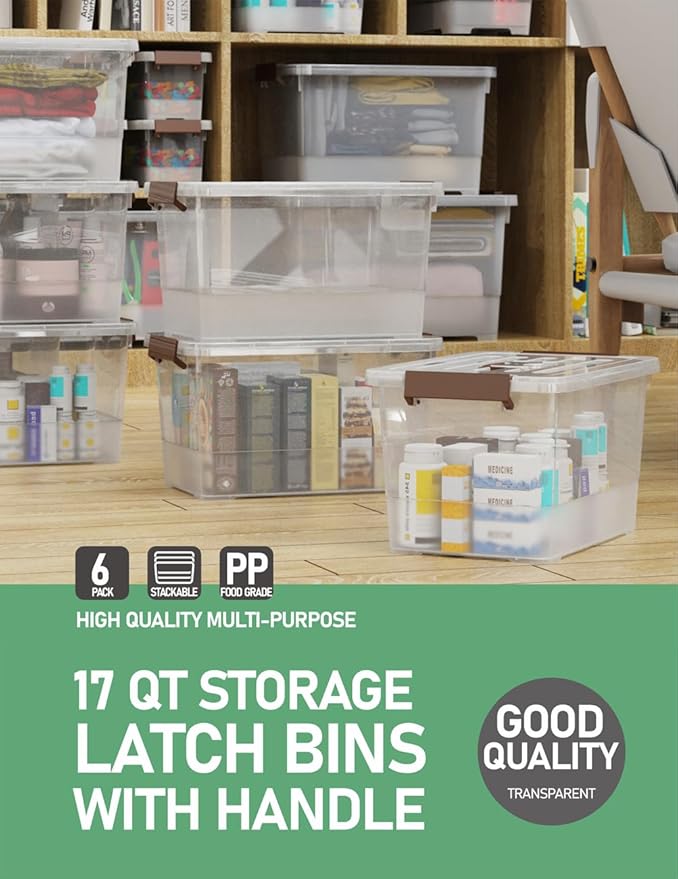 6 Pack 17qt Clear Plastic Storage Bin with Lid and Latching Buckles