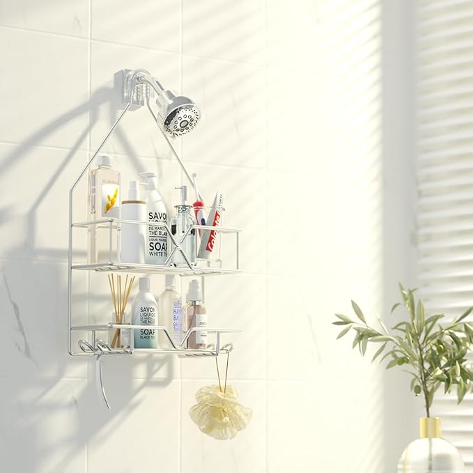 Rustproof Shower Caddy, Hanging, Stainless Steel, 4 Hooks, 2 Shelves, Non-Slip