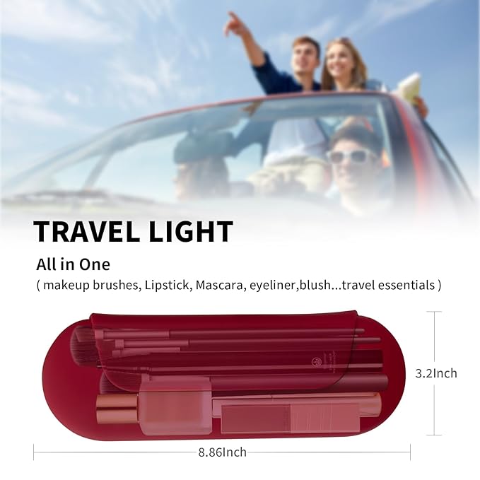 AGIKET Silicone Makeup Brush Holder Travel Cosmetic Bag：Soft Portable Cosmetic Face Brushes Holder with Upgrade Anti-Fall Out Magnetic Closure, Large Travel Makeup Brush Case - Red