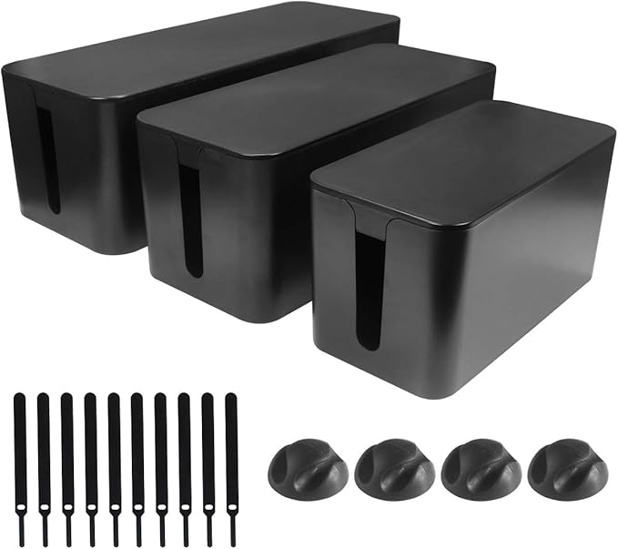 Cable Management Box - 3 Pack Cord Organizer Box for Desk - Large Medium Small Cable Box to Hide Power Strip & Wires - Pet-Safe Cord Hider for TV Computer Under Desk - Black