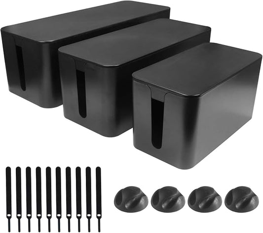 Cable Management Box, 3 Pack Cord Organizer Box for Desk, Black