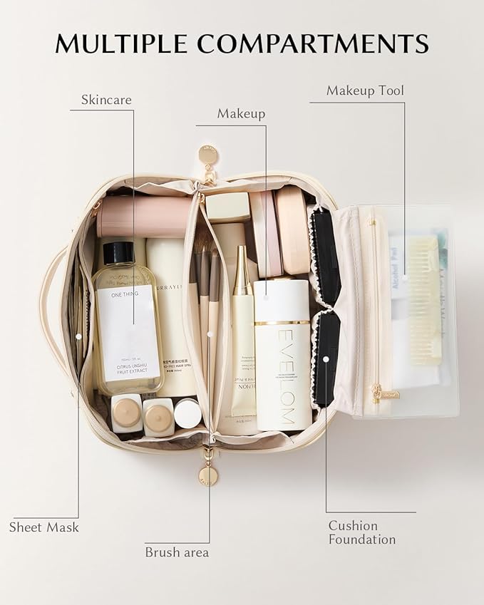EACHY Travel Makeup Bag, Large Capacity Cosmetic Bag for Women, Waterproof PU Leather, Flat Open Portable Toiletry Bag for Skincare, Brushes & Travel Essentials