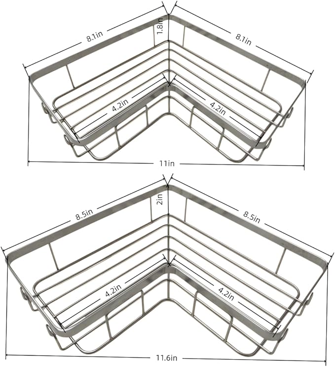 Shower Caddy 2 Pack, Stainless Steel No Drilling Adhesive Bathroom Organizer Shelf Rack, Corner Shower Shelf with Hooks for Home Decor & Storage