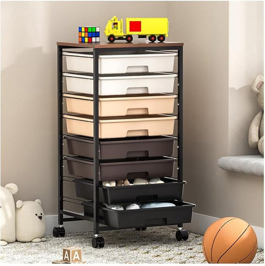Rolling Storage Cart with Drawers, Rolling Drawer Cart and Wooden Tabletop