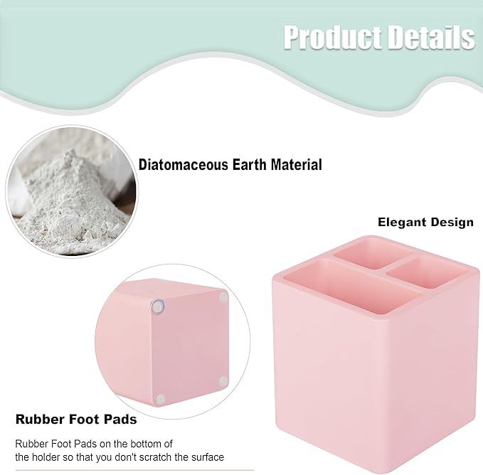 Diatomite Toothbrush Holders for Bathrooms, Electric Toothbrush and Toothpaste Holder 3 Slots Tooth Brush Organizer for Bathroom Countertop, Shower, Vanity - Blush Pink
