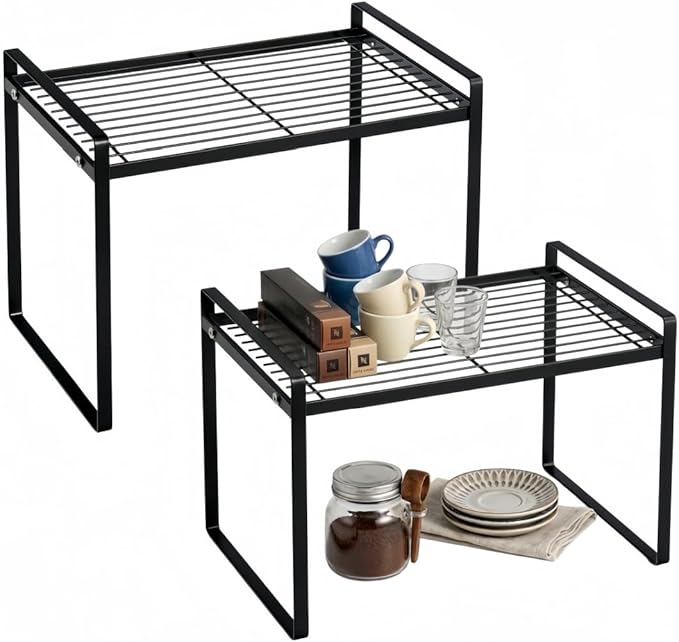 2 Pack Stackable Cabinet Shelf Organizer - Heavy-Duty Coated Metal Storage Rack, Non-Slip Space-Saving for Kitchen Pantry, Under Sink, Cupboard, Countertop (Black)