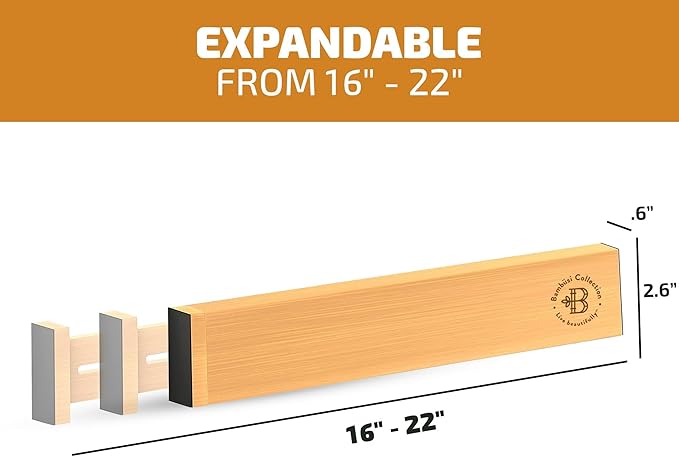 4-Pack Bamboo Drawer Dividers - 2.6 in High, Adjustable 16 to 22 in Expandable Drawer Organizers and Dresser Separators for Clothes, Bedroom, Bathroom, Kitchen, and Office Organization and Storage