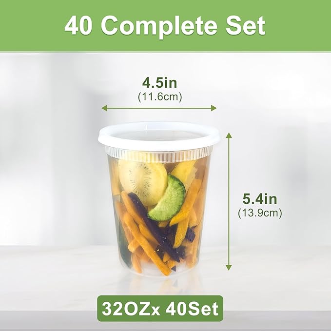 Dipoo 40 Sets (80-Piece) Deli Containers with Lids 32 oz, Leak-Proof & BPA Free Airtight Takeout Plastic Food Storage Containers for Soup, Freezer/Microwave/Dishwasher Safe