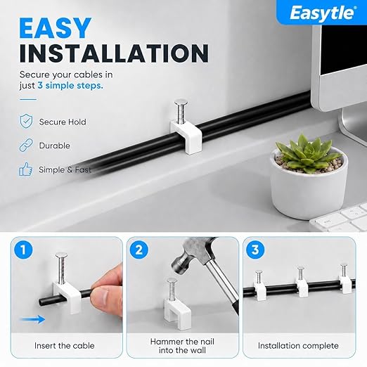 Cable Clips Nail in Cable Clips 100 Pcs 8mm Flat Ethernet Cable Wall Clips Cable Tacks Coax Cable Clip Speaker Wire Clips Cable Nails for Cords Cat5/Cat5e/Cat6/Cat7 RJ45 Cord Clips