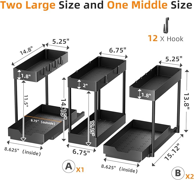 Simple Trending Under Sink Organizer 3 Pack, Sink Pull-Out Sliding Storage Cabinet, 2-Tier Under Shelf Organizer for Kitchen Bathroom, Black