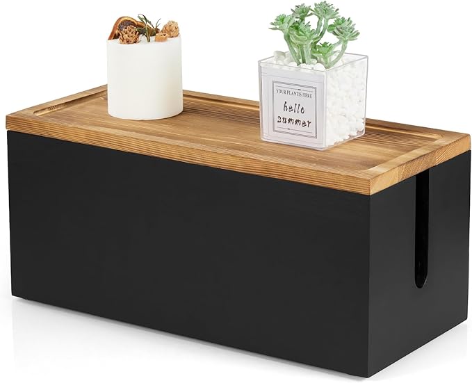 Cable Management Box Medium, Wooden Cord Organizer Box for Desk, Floor