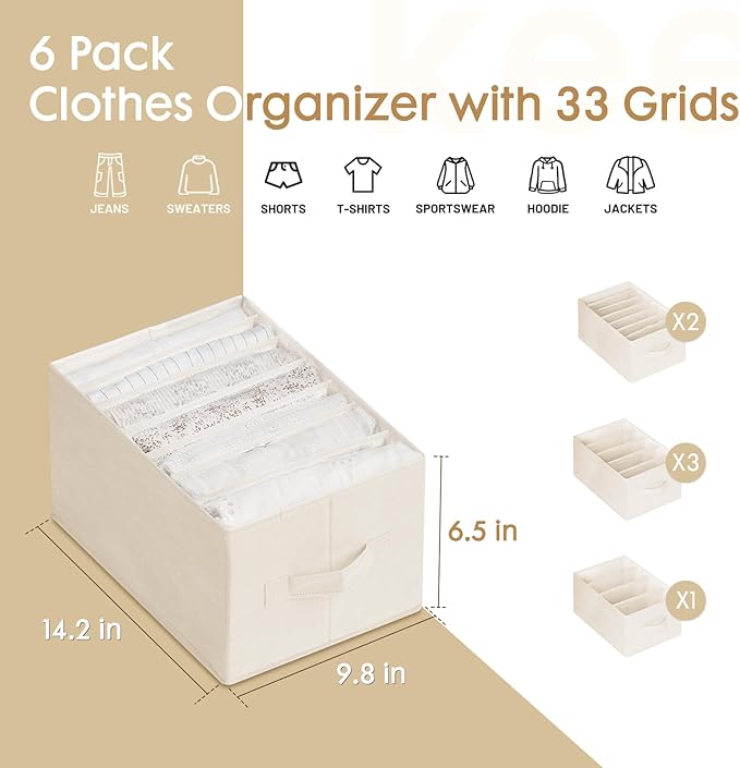6 Pack Large Clothes Organizer, Beige