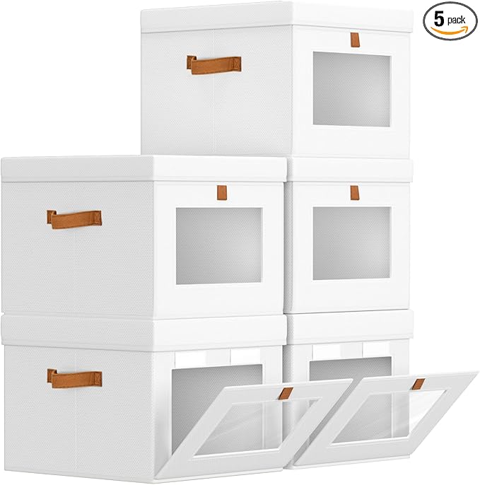 Homsorout Storage Bins with Lid – Closet Organizer with Side Opening and Clear Window, Foldable Stackable Fabric Basket for Clothes, Home, Office - 13.77" x 11.8" x 9.8", 5 Pack, White
