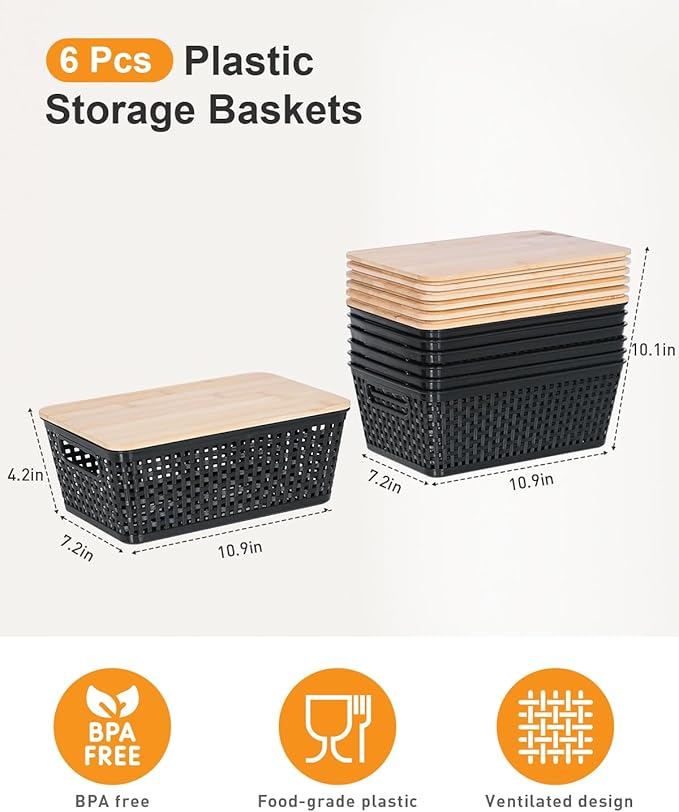Storage Bins with Lids 10 Packs, Plastic Storage Bins with Bamboo Lids for Pantry Organization and Storage Containers for Shelves Drawers Desktop Closet Playroom Classroom Office Home, Black