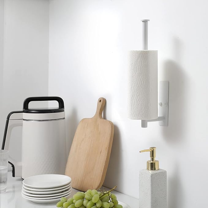 theaoo White Paper Towel Holder - Under Cabinet Paper Towel Holder for Kitchen, Adhesive Paper Towel Roll Rack for Bathroom Towel, Wall Mounted Paper Towel Rack, SUS304 Stainless Steel