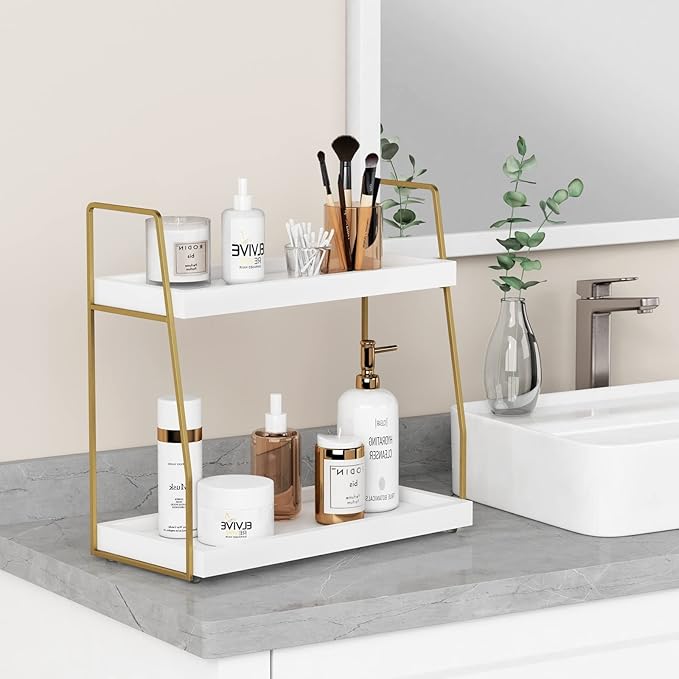 Bathroom Organizer Countertop, 2 Tier, White and Gold