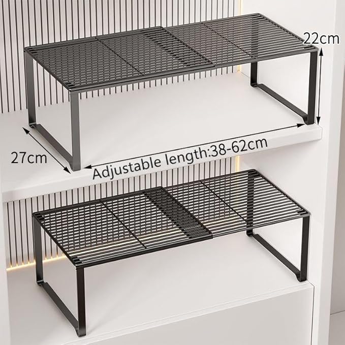 Extendable Metal Wire Shelf Organizer - Adjustable 15-24.4in Length, Stackable Storage Rack for Kitchen/Pantry/Bathroom/Shoe Cabinet/Tool Closet (2,Black)