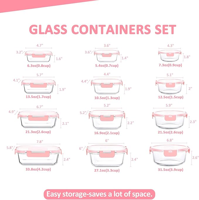 KOMUEE 24 Pieces Glass Food Storage Containers Set, Meal Prep Containers, BPA-Free Airtight Glass Storage Containers with lids,Freezer, Microwave and Oven Safe,Pink