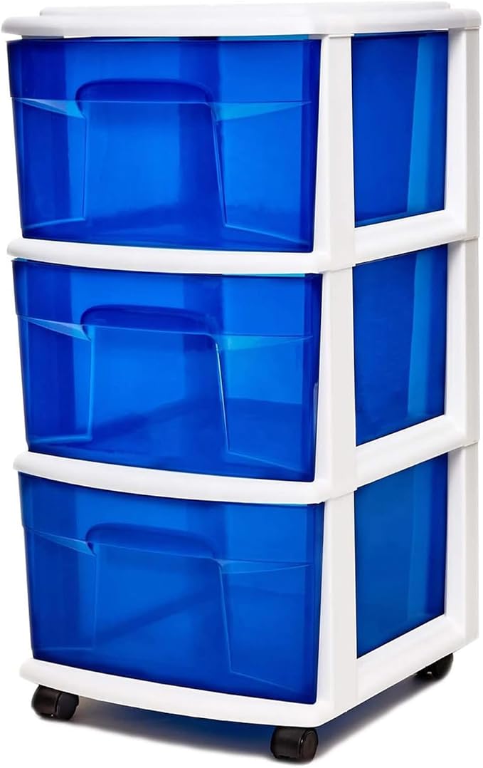 Drawer Tower, 3-Tier Clear Blue Plastic Storage Organizer Cart, White Frame