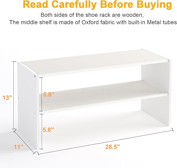 Cidaziya 2 Tier Small White Shoe Rack for Closet, Stackable Shoe Shelf Organizer for 9-12 Pairs of Shoes, Portable Wood and Cloth Structure, Small Shoe Storage Organizer, Size 28.5"* 11" * 13"