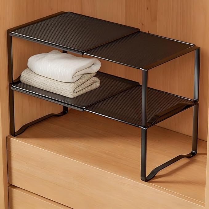 Extendable Dense Mesh Metal Shelf - 15-24.4in Adjustable Stackable Organizer for Kitchen, Bathroom, Shoe Cabinet & Tool Closet, Dust-Proof Small Item Friendly Storage Rack (2 Piece, Black)
