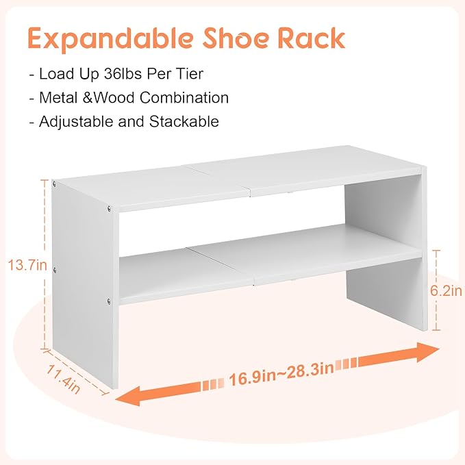 2-Tier Expandable White Shoe Rack Organizer for Closet
