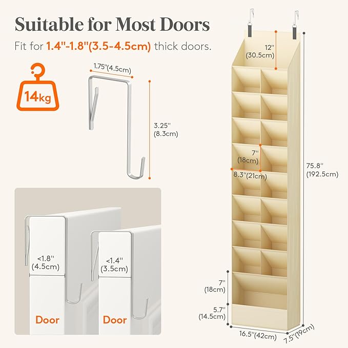 10 Tier Over the Door Shoe Organizer with 19 Large Deep Pockets, Beige