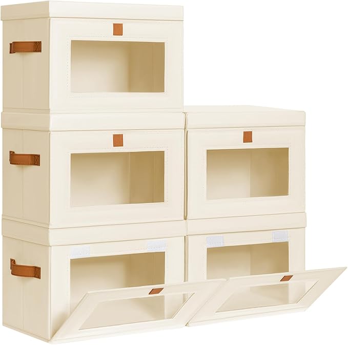 DIMJ Storage Bins with Lids - 5 Pack Front Opening Stackable Fabric Storage Boxes with Clear Window & Handles, Collapsible Closet Organizers for Clothes, Sweaters, Shelf Storage, Bedroom, Beige