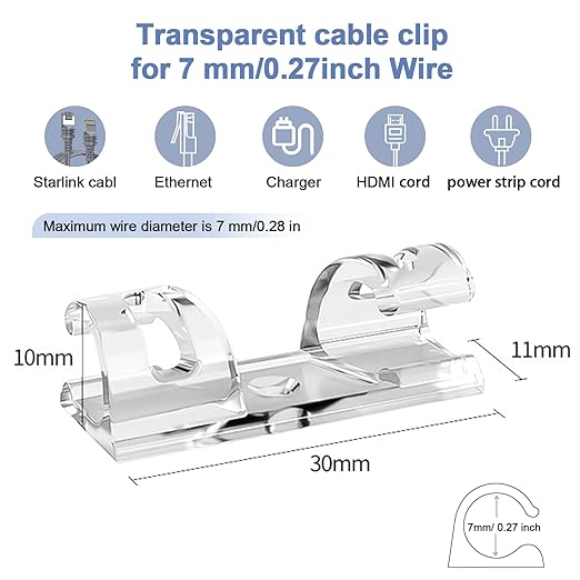 Adhesive Cable Wire Clips Clear (20 PCS) with Screw Holes - Strong Sticky or Screw-Mountable Cord Holders for Wall, Under Desk, Car, PC & Ethernet Cords, Indoor/Outdoor Christmas Lights Organizer