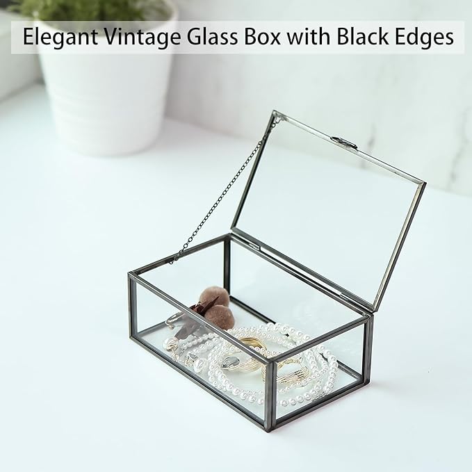 HighFree Vintage Glass Box with Lid - Clear Jewelry Glass Display Box Keepsake Box - Home Decor Decorative Box for Trinket Rings Bracelet (Black, Small)