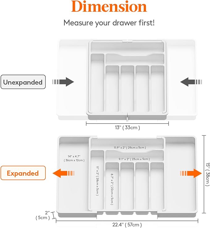 Utensil Organizer for Kitchen Drawer, Expandable Cooking Silverware Tray, White