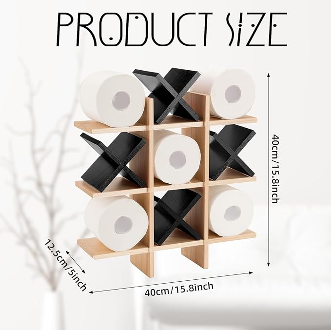 Weysat Tic Tac Toe Toilet Paper Holder Stand Bathroom Wall Decor Rustic Wooden Hanging Storage Freestanding Wall Mounted Shelves Decor for Toilet Tissue Farmhouse