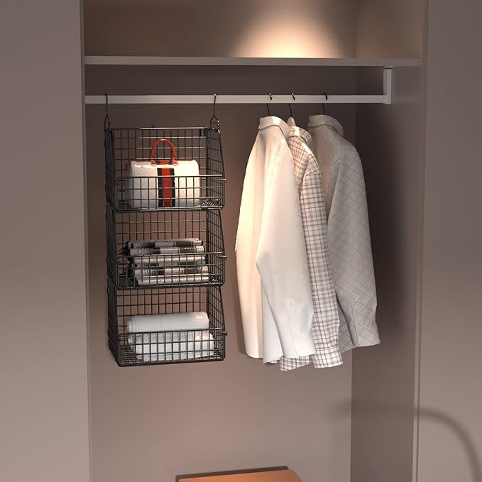 PUPPYCUTE Stackable Wire Storage Baskets for Kitchen Closet Pantry, Hanging Closet Organizers Storage Shelves Organization, Wall Mount Metal Basket Bins, Clothing Vegetable & Fruit Organizer 3 pcs