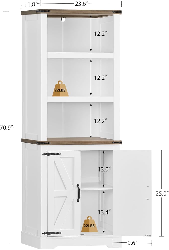 TEENFON 70.9in Tall Storage Cabinet with Adjustable Shelves, Kitchen Pantry Cabinet with 2 Barn Doors, 5 Tiers Farmhouse Bookcase for Living Room, Kitchen, Home Office, Bedroom, White