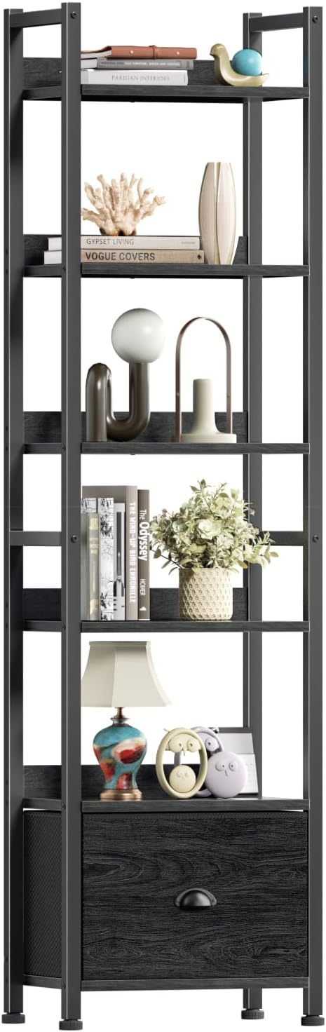6 Tier Bookshelf, Tall Shelf with Drawer, Black Oak