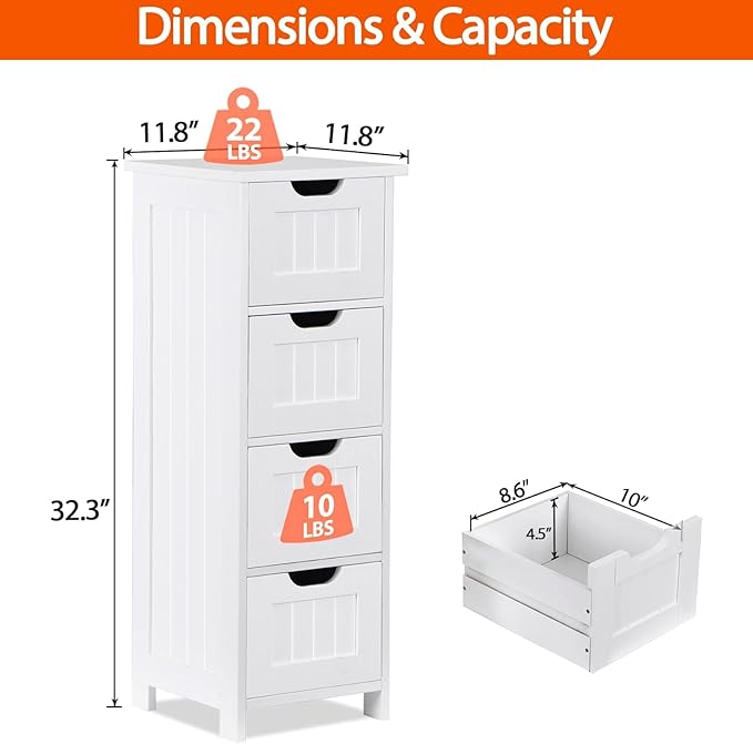 Bathroom Floor Storage Cabinet, Freestanding Wooden Side Organizer w/4 Drawers & Anti-Tip Kit for Bathroom Living Room Hallway Office Study, White | Freestanding