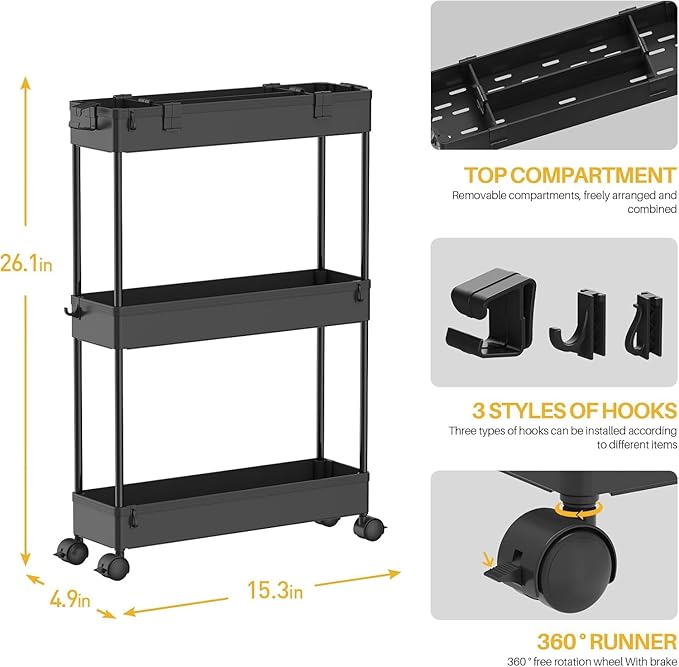 SPACELEAD 2-piece Set Slim Storage Cart 3 Tier,Bathroom Organizer Rolling Utility,Mobile Shelving Unit Slide Out for Office, Kitchen, Laundry Room & Narrow Places