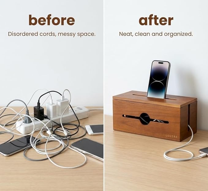 Wooden Cable Management Box for Power Strips, Desk Cord Organizer for Home Office & TV Stand, Hidden Cable Storage with Phone Stand