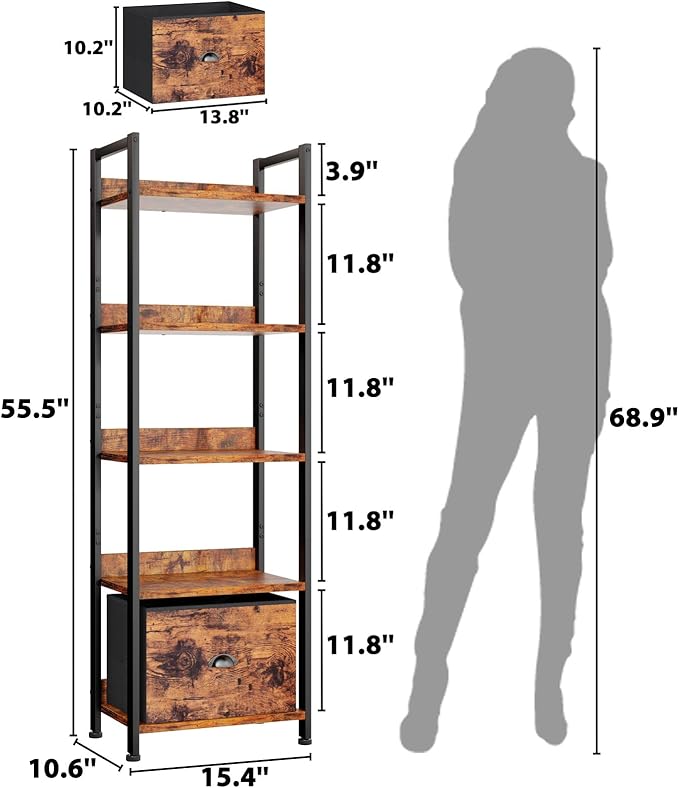5 Tier Bookshelf with Drawer, Tall Narrow Bookcase with Shelves, Rustic Brown